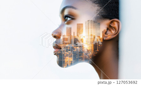 Double exposure of a thoughtful African American woman and urban skyline 127053692