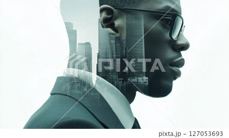 Double exposure of futuristic cityscape within profile of black man, concept 127053693