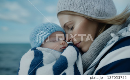 Newborn baby sleeping in mothers arms, both wrapped in blankets 127053723