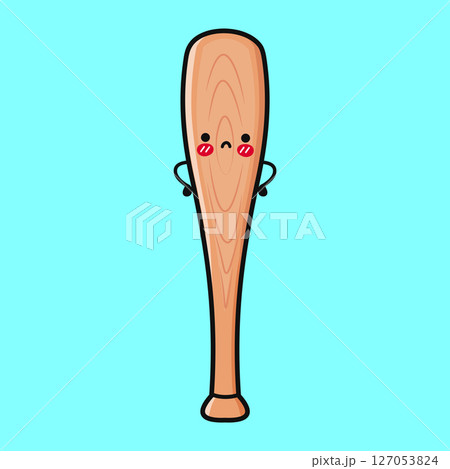 A sad and adorable cartoon Baseball Bat character stands against a bright, blue background. 127053824