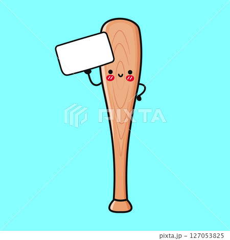 Smiling baseball mascot character holding blank sign, cartoon-style graphic on white backdrop Smiling baseball mascot character holding blank sign, cartoon-style graphic on white backdrop 127053825