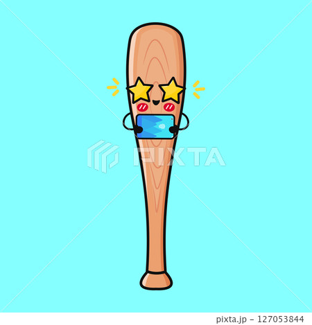 Funny Baseball Bat character using smartphone and wearing star-shaped sunglasses, watching videos and having fun 127053844