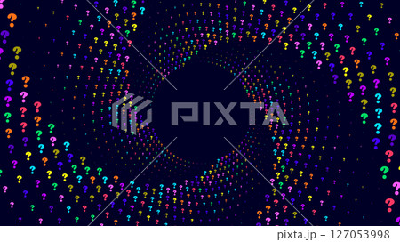 A dark blue background with a swirling vortex of colorful question marks radiating from a central dark blue area.  127053998