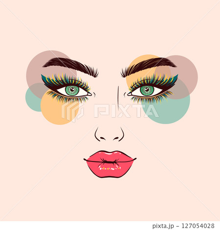 Woman's face with bright makeup on light background Woman's face with bright makeup on light background 127054028