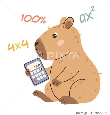 Smart capybara solving math with a calculator and math symbols. Flat hand-drawn style, transparent background. Ideal for educational posters, childrens books, and apps. 127054086