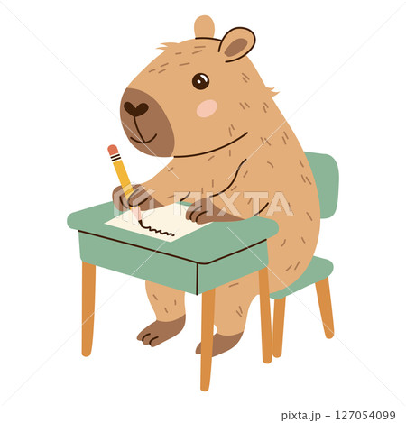 Capybara writing at a school desk with a pencil. Flat hand-drawn style illustration on transparent background. Ideal for educational designs, school posters, and learning apps. 127054099