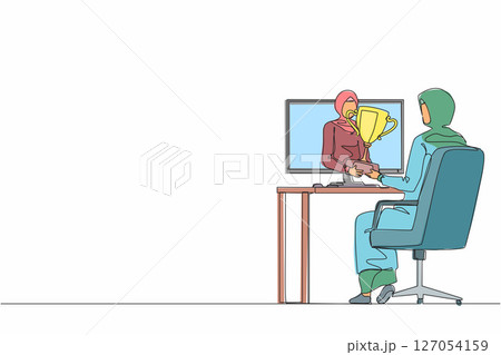 Single continuous line drawing beautiful Arabian businesswoman holds out golden cup from monitor to a happy office worker. Award in the online contest. One line draw graphic design vector illustration Single continuous line drawing beautiful Arabian businesswoman holds out golden cup from monitor to a happy office worker. Award in the online contest. One line draw graphic design vector illustration 127054159