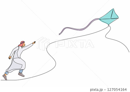 Single continuous line drawing Arabian businessman runs with a flying kite. Race for opportunities, catch a dream metaphor, run the project. Dynamic one line draw graphic design vector illustration Single continuous line drawing Arabian businessman runs with a flying kite. Race for opportunities, catch a dream metaphor, run the project. Dynamic one line draw graphic design vector illustration 127054164