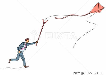 Single one line drawing active businessman runs to chasing kite using stick. Race for product launch project. Success business metaphor. Modern continuous line draw design graphic vector illustration Single one line drawing active businessman runs to chasing kite using stick. Race for product launch project. Success business metaphor. Modern continuous line draw design graphic vector illustration 127054166