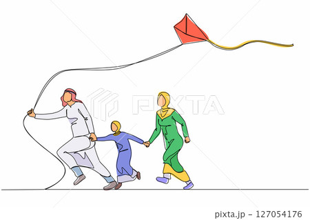 Continuous one line drawing happy Arabian family with flying kite. Mother, father and their little daughter launching kite together at summer festival. Single line design vector graphic illustration Continuous one line drawing happy Arabian family with flying kite. Mother, father and their little daughter launching kite together at summer festival. Single line design vector graphic illustration 127054176