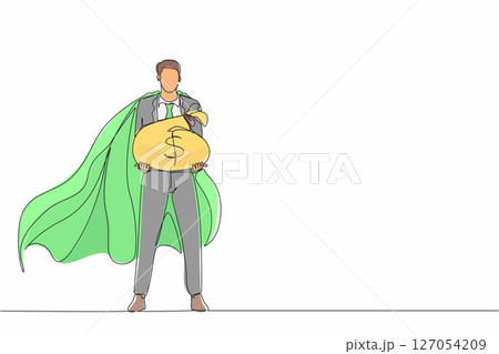 Single continuous line drawing gigantic profits of financial success. Super businessman hero with a bag of money. Business metaphor concept. Dynamic one line draw graphic design vector illustration 127054209