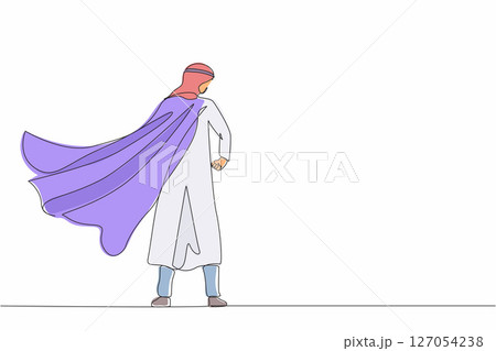Single continuous line drawing superhero in cloak flutters in the wind. Stands with his back. Successful Arabian businessman hero. Business success, leadership, victory. One line graphic design vector 127054238