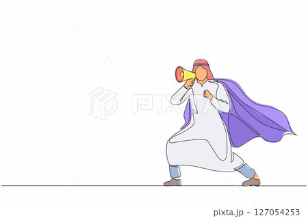 Single one line drawing superhero speaking in megaphone. Superhero in cape, happy Arabian businessman holding megaphone, successful team leader. Continuous line draw design graphic vector illustration 127054253