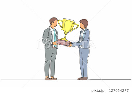 Continuous one line drawing businessman winner getting first prize. Male giving golden cup to businessman. Winning, leadership, achievement concept. Single line draw design vector graphic illustration Continuous one line drawing businessman winner getting first prize. Male giving golden cup to businessman. Winning, leadership, achievement concept. Single line draw design vector graphic illustration 127054277