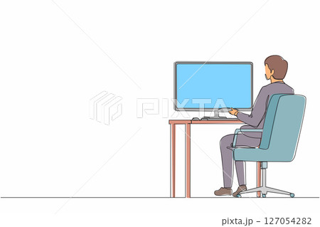 Continuous one line drawing back view businessman works on computer. Man sitting on chair behind office desk. Business person working on monitor screen. Single line design vector graphic illustration Continuous one line drawing back view businessman works on computer. Man sitting on chair behind office desk. Business person working on monitor screen. Single line design vector graphic illustration 127054282
