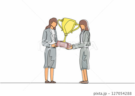 Single continuous line drawing businesswoman winner getting first prize. Girl giving golden cup to businesswoman. Winning, leadership, achievement concept. Dynamic one line draw graphic design vector 127054288