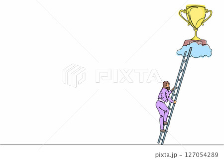 Single continuous line drawing businesswoman climb to trophy over clouds. Young female climbing ladder to success. Motivation concept to be successful. One line draw graphic design vector illustration 127054289
