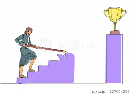 Single continuous line drawing businesswoman use huge pencil to draw rising up stairs, walk climbing up ladder, and try to reach trophy cup. Business development. One line draw graphic design vector Single continuous line drawing businesswoman use huge pencil to draw rising up stairs, walk climbing up ladder, and try to reach trophy cup. Business development. One line draw graphic design vector 127054292