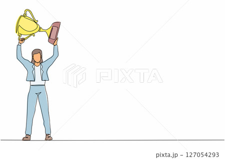 Single continuous line drawing businesswoman standing and lifting trophy. Career goal icon. Victory sign or symbol. Winner pose. Success, goal, achievement concept. One line draw graphic design vector 127054293