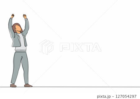Single continuous line drawing businesswoman standing and raising hands or arms. Successful person. Career goal. Victory sign or symbol. Winner pose. One line draw graphic design vector illustration 127054297