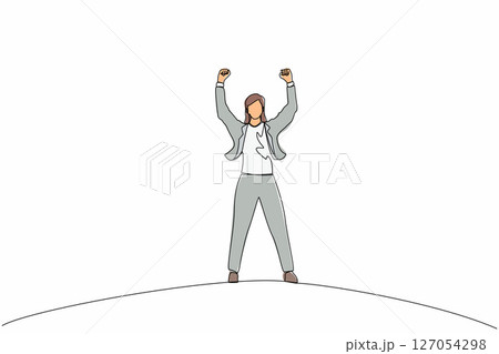 Single continuous line drawing happy businesswoman standing and raising hands or arms. Successful female. Career goal. Victory sign or symbol. Winner pose. One line graphic design vector illustration Single continuous line drawing happy businesswoman standing and raising hands or arms. Successful female. Career goal. Victory sign or symbol. Winner pose. One line graphic design vector illustration 127054298