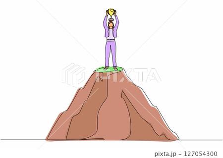 Single continuous line drawing active businesswoman holding trophy on the top of the high mountain. Success, goal, achievement and challenge concept. One line draw graphic design vector illustration 127054300