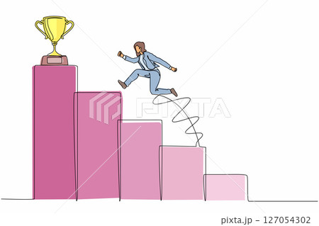Continuous one line drawing businesswoman jumping to success. Step to successful. Achieve trophy cup. Female run and go to their goal on stairs, way to achieve goal. Single line draw design vector 127054302