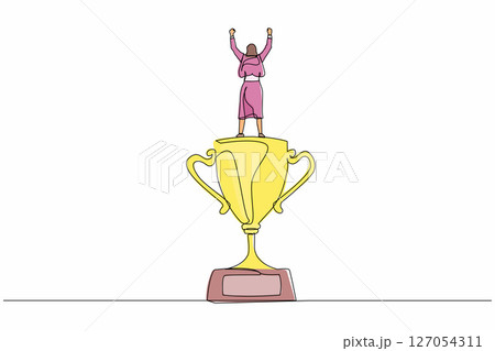 Single one line drawing back view businesswoman stand above trophy. Business metaphor of success and appreciation. Female celebrating her business award. Continuous line draw design graphic vector Single one line drawing back view businesswoman stand above trophy. Business metaphor of success and appreciation. Female celebrating her business award. Continuous line draw design graphic vector 127054311