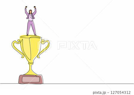 Single one line drawing businesswoman raised hands and standing above trophy. Female celebrating her business award. Business metaphor of success, appreciation. Continuous line design graphic vector Single one line drawing businesswoman raised hands and standing above trophy. Female celebrating her business award. Business metaphor of success, appreciation. Continuous line design graphic vector 127054312