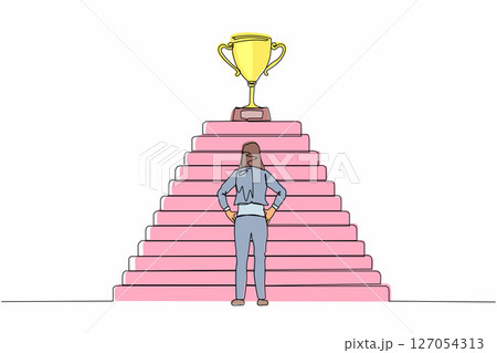 Continuous one line drawing active businesswoman standing in front of staircase with trophy cup on the top. Path to success, goal, business vision. Single line draw design vector graphic illustration Continuous one line drawing active businesswoman standing in front of staircase with trophy cup on the top. Path to success, goal, business vision. Single line draw design vector graphic illustration 127054313
