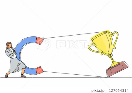 Single continuous line drawing young businesswoman attracting big trophy with huge magnet. Victory sign. Success, achievement, business goals concept. One line draw graphic design vector illustration Single continuous line drawing young businesswoman attracting big trophy with huge magnet. Victory sign. Success, achievement, business goals concept. One line draw graphic design vector illustration 127054314