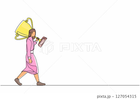 Single one line drawing businesswoman carry big trophy cup for winner as symbol of victory. Business concept of success and competition. Modern continuous line draw design graphic vector illustration Single one line drawing businesswoman carry big trophy cup for winner as symbol of victory. Business concept of success and competition. Modern continuous line draw design graphic vector illustration 127054315
