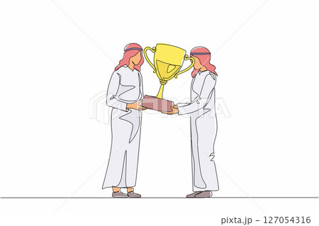 Single continuous line drawing Arabian businessman winner getting first prize. Male giving golden cup to businessman. Winning, leadership, achievement concept. One line draw design vector illustration Single continuous line drawing Arabian businessman winner getting first prize. Male giving golden cup to businessman. Winning, leadership, achievement concept. One line draw design vector illustration 127054316