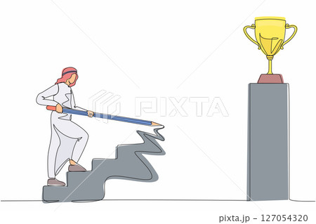 Continuous one line drawing Arabian businessman use huge pencil to draw rising up stairs, walk climbing up ladder, and try to reach trophy cup. Business development. Single line draw design vector Continuous one line drawing Arabian businessman use huge pencil to draw rising up stairs, walk climbing up ladder, and try to reach trophy cup. Business development. Single line draw design vector 127054320