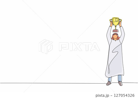 Single continuous line drawing Arabic businessman standing and lifting trophy. Career goal. Victory sign or symbol. Winner pose. Success, goal, achievement concept. One line draw graphic design vector 127054326