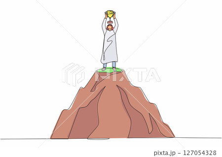 Continuous one line drawing Arabian businessman holding trophy on the top of the high mountain. Success, goal, achievement and challenge concept. Single line draw design vector graphic illustration 127054328