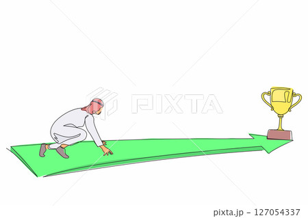Continuous one line drawing side view Arab businessman ready to run to trophy at end of route. Concept of vision mission and goal of business. People run to their goal. Single line draw design vector 127054337