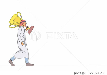 Continuous one line drawing Arabian businessman carry big trophy cup for winner as symbol of victory. Business concept of success and competition. Single line draw design vector graphic illustration 127054342