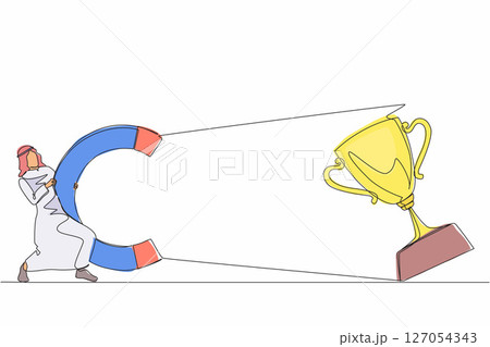 Single continuous line drawing Arabian businessman attracting big trophy with huge magnet. Victory sign. Success, achievement, business goals concept. One line draw graphic design vector illustration 127054343