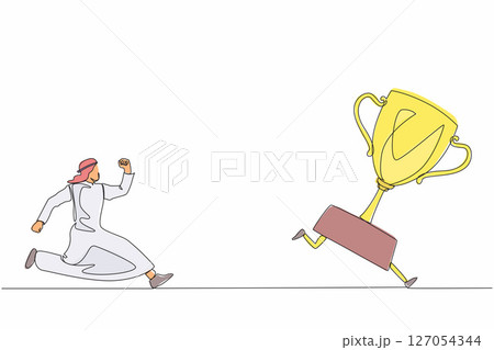 Single one line drawing Arab businessman trying to catch trophy. Man running and chasing after run away winner cup. Business challenge metaphor. Continuous line draw design graphic vector illustration 127054344