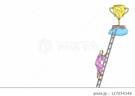 Single continuous line drawing Arab businesswoman climb to trophy over clouds. Female climbing ladder to success. Motivation concept to be successful. One line draw graphic design vector illustration Single continuous line drawing Arab businesswoman climb to trophy over clouds. Female climbing ladder to success. Motivation concept to be successful. One line draw graphic design vector illustration 127054348