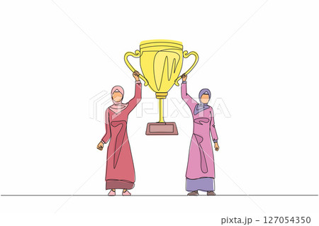 Single one line drawing two women holding golden goblet together. Winners celebrating victory. Arab businesswoman with prize, trophy cup. Celebration business team success. Continuous line draw design Single one line drawing two women holding golden goblet together. Winners celebrating victory. Arab businesswoman with prize, trophy cup. Celebration business team success. Continuous line draw design 127054350