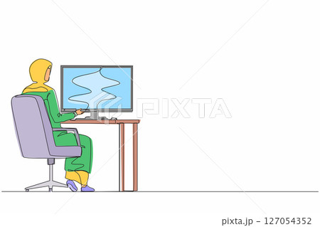 Single one line drawing back view Arab businesswoman works on computer. Woman sitting on chair behind office desk. Business person working on monitor screen. Continuous line draw design graphic vector Single one line drawing back view Arab businesswoman works on computer. Woman sitting on chair behind office desk. Business person working on monitor screen. Continuous line draw design graphic vector 127054352