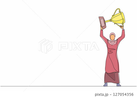 Single continuous line drawing Arabian businesswoman standing and lifting trophy. Career goal icon. Victory sign or symbol. Winner pose. Success, goal, achievement. One line draw graphic design vector 127054356