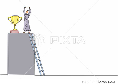 Single one line drawing Arab businesswoman climb ladder to reach trophy and standing with arms lifted in air. Female celebrating her business award. Continuous line design graphic vector illustration Single one line drawing Arab businesswoman climb ladder to reach trophy and standing with arms lifted in air. Female celebrating her business award. Continuous line design graphic vector illustration 127054358