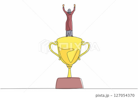 Single one line drawing back view Arabian businesswoman stand above trophy. Business metaphor of success and appreciation. Female celebrating her business award. Continuous line design graphic vector Single one line drawing back view Arabian businesswoman stand above trophy. Business metaphor of success and appreciation. Female celebrating her business award. Continuous line design graphic vector 127054370