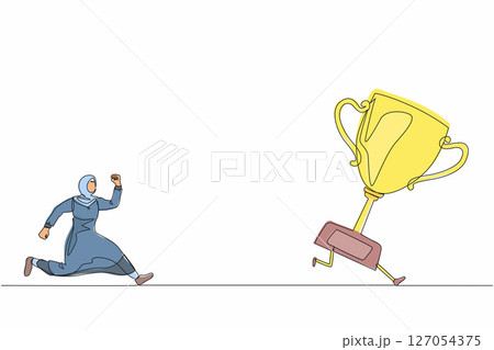 Single one line drawing Arab businesswoman trying to catch trophy. Female running and chasing after run away winner cup. Business challenge metaphor. Continuous line design graphic vector illustration Single one line drawing Arab businesswoman trying to catch trophy. Female running and chasing after run away winner cup. Business challenge metaphor. Continuous line design graphic vector illustration 127054375