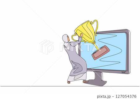 Single continuous line drawing Arabic businesswoman pulls out trophy cup from computer screen. Working on award winning project, freelance job, online work, winner. One line draw graphic design vector Single continuous line drawing Arabic businesswoman pulls out trophy cup from computer screen. Working on award winning project, freelance job, online work, winner. One line draw graphic design vector 127054376