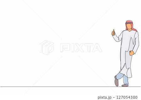 Single continuous line drawing excited Arabic businessman dressed in formal wear showing thumbs up sign and leaning against the wall. Deal, like, agree, approve, accept. One line graphic design vector 127054380