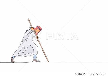 Continuous one line drawing Arabian businessman mark goal with arrow. Man holding arrow, hits target on ground. Achieving goals. Focus marketing target strategy. Single line draw design vector graphic Continuous one line drawing Arabian businessman mark goal with arrow. Man holding arrow, hits target on ground. Achieving goals. Focus marketing target strategy. Single line draw design vector graphic 127054382